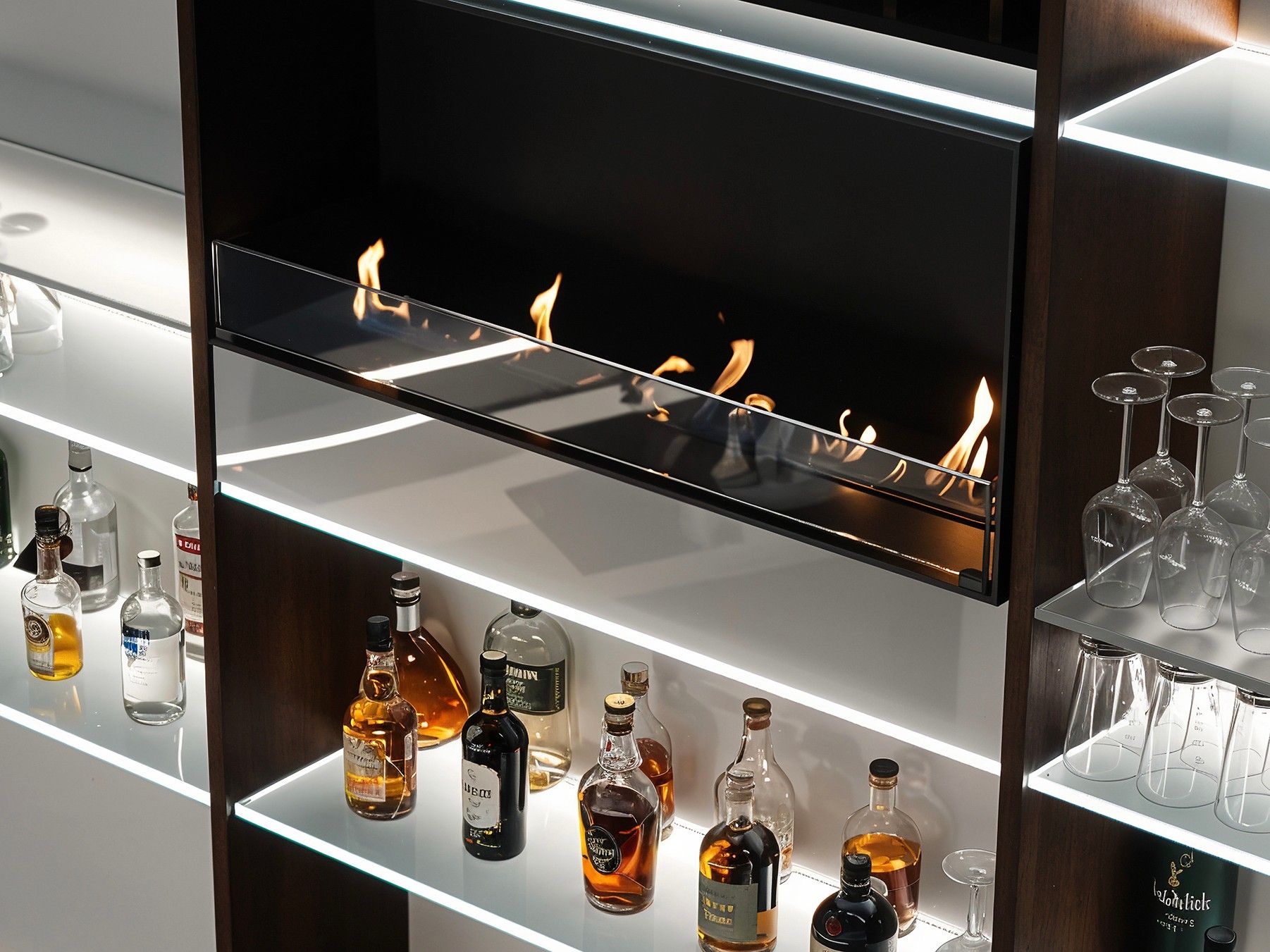 Fireplace set into a bar display
