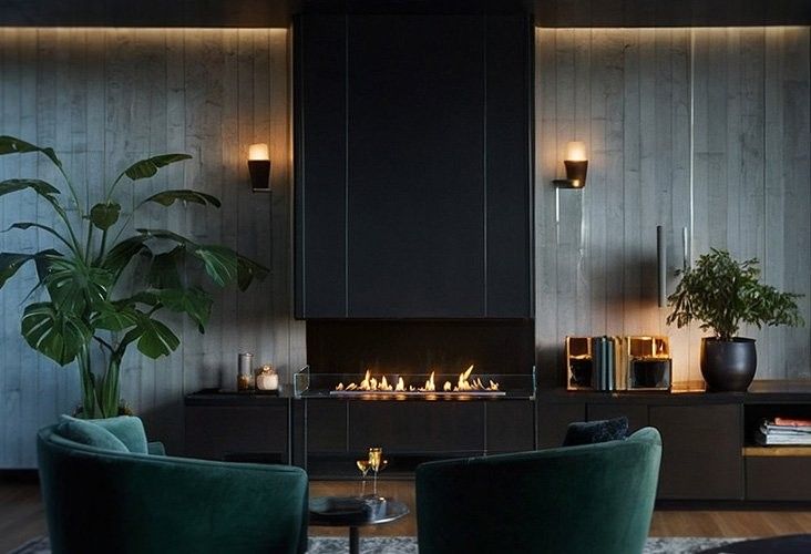 Bioethanol fireplace burning in a dark living room