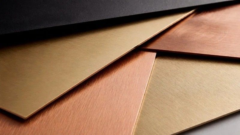 Brushed metal finish samples in black, brass and copper