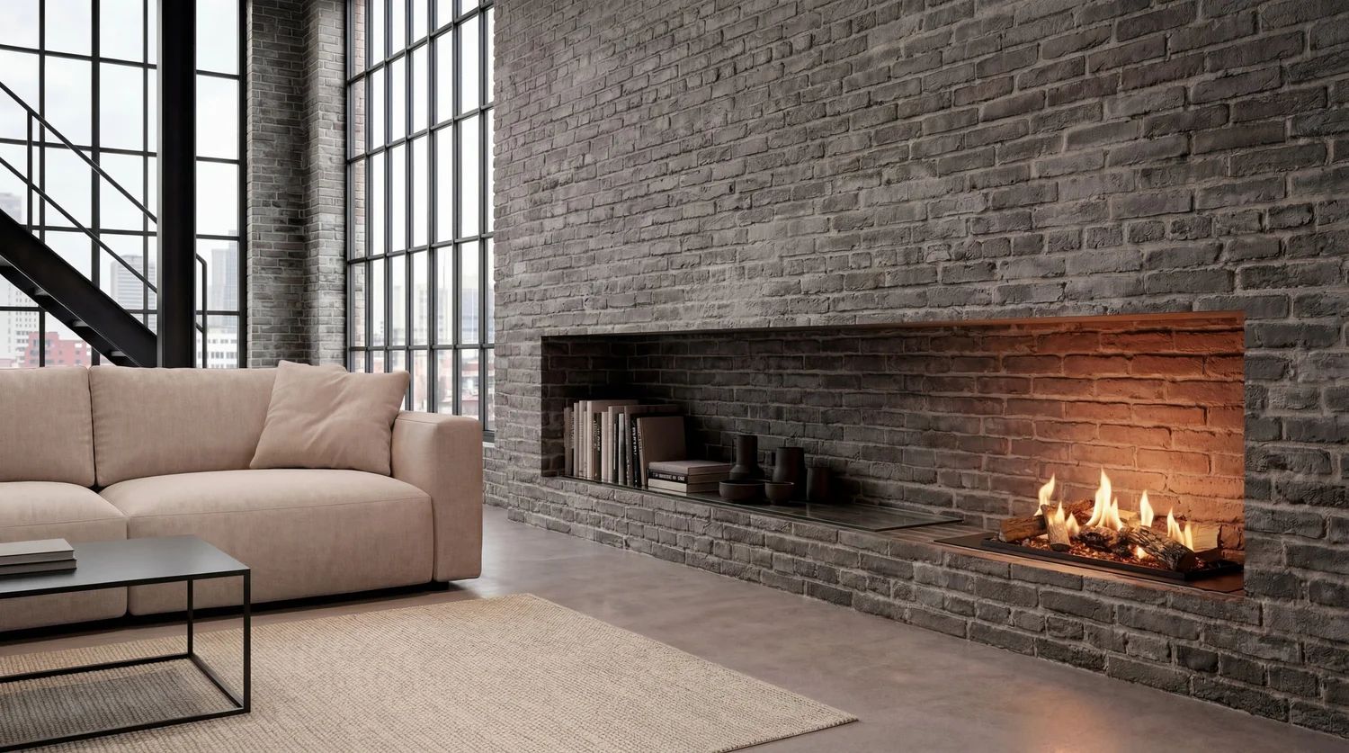 LogicWood burner with ceramic logs, set into a brick wall