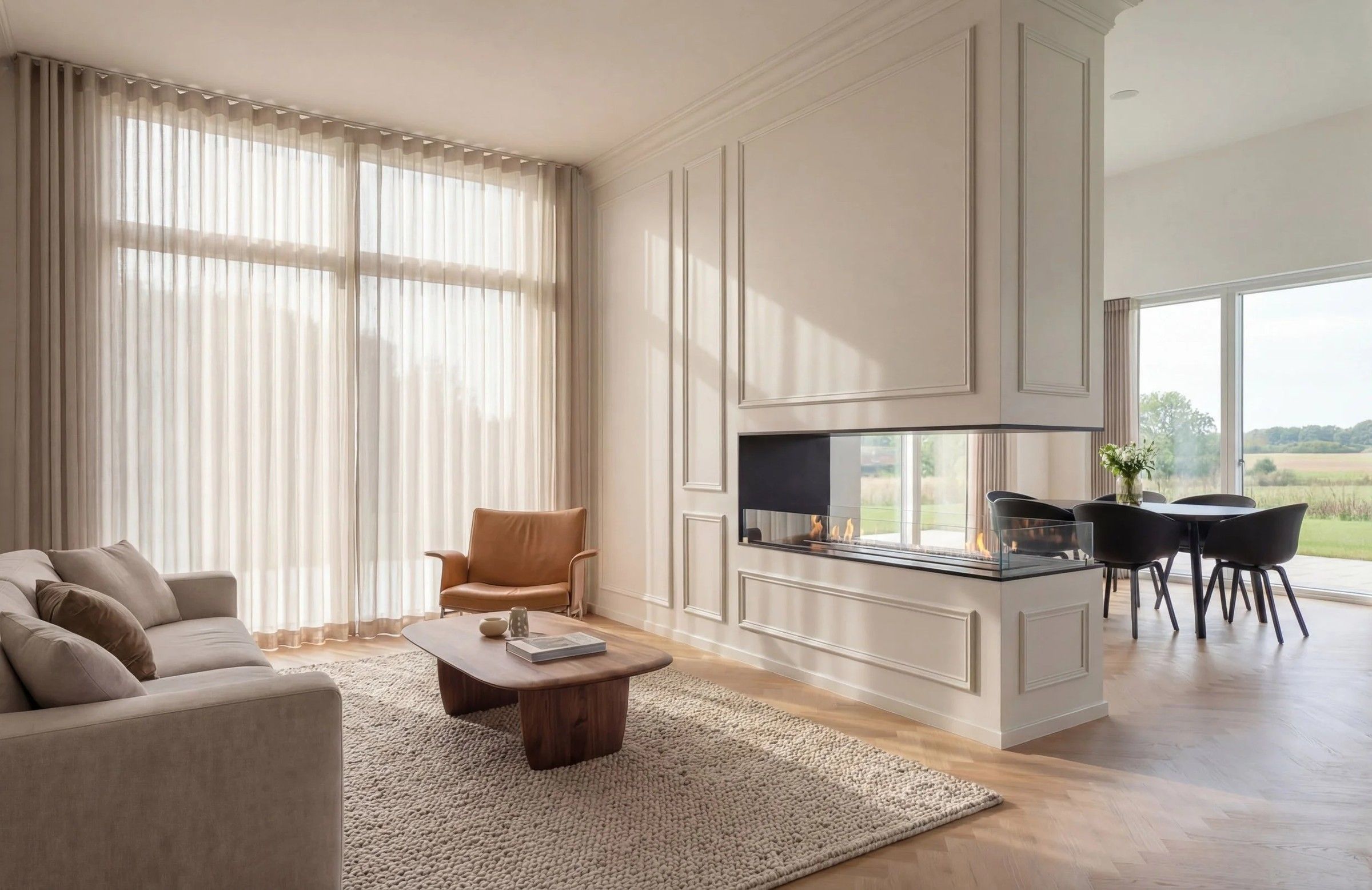 See-through built-in fireplace with a long flame set between a living room and a dining room, no chimney above it
