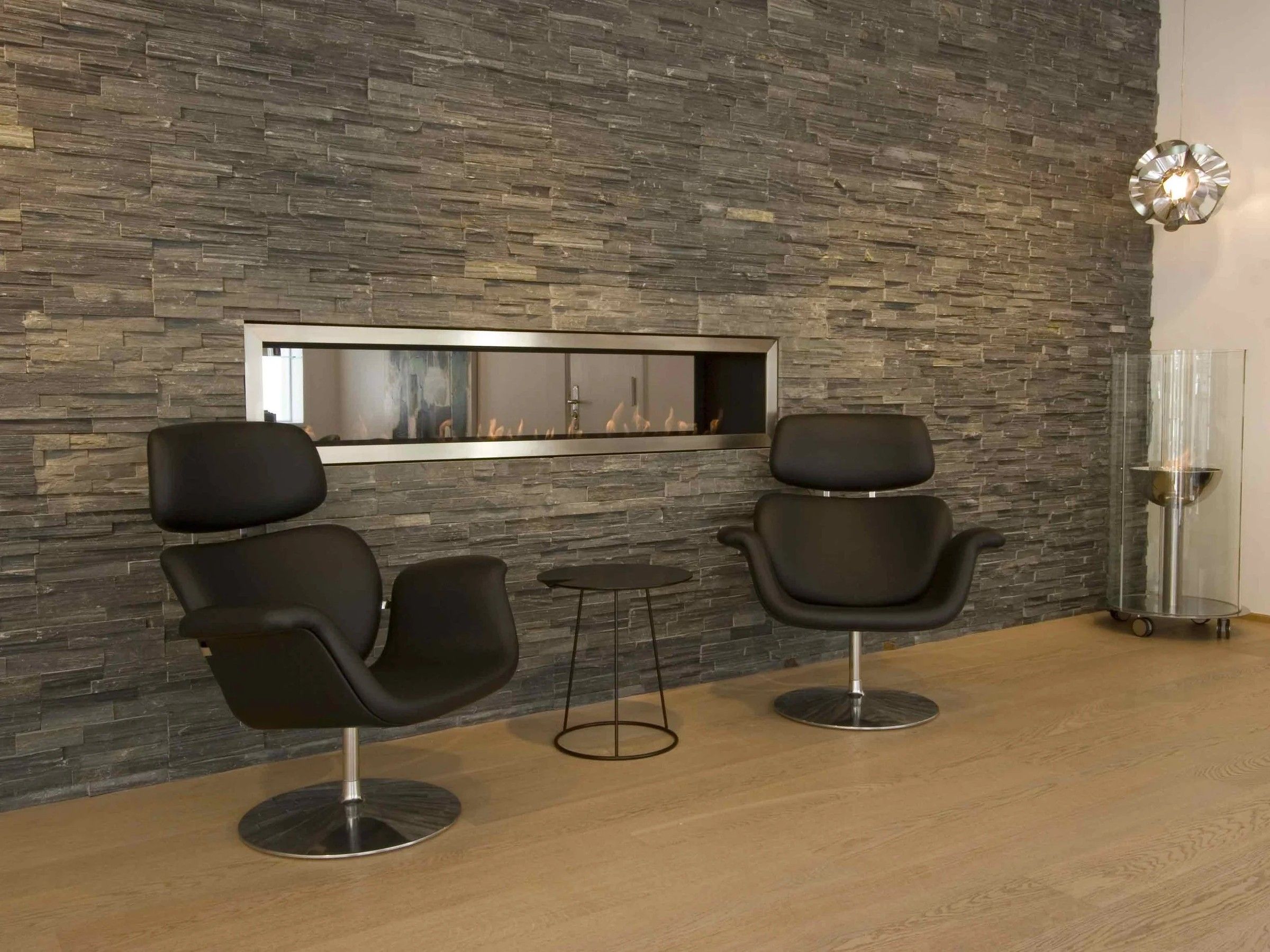Built-in fireplace, dark stone