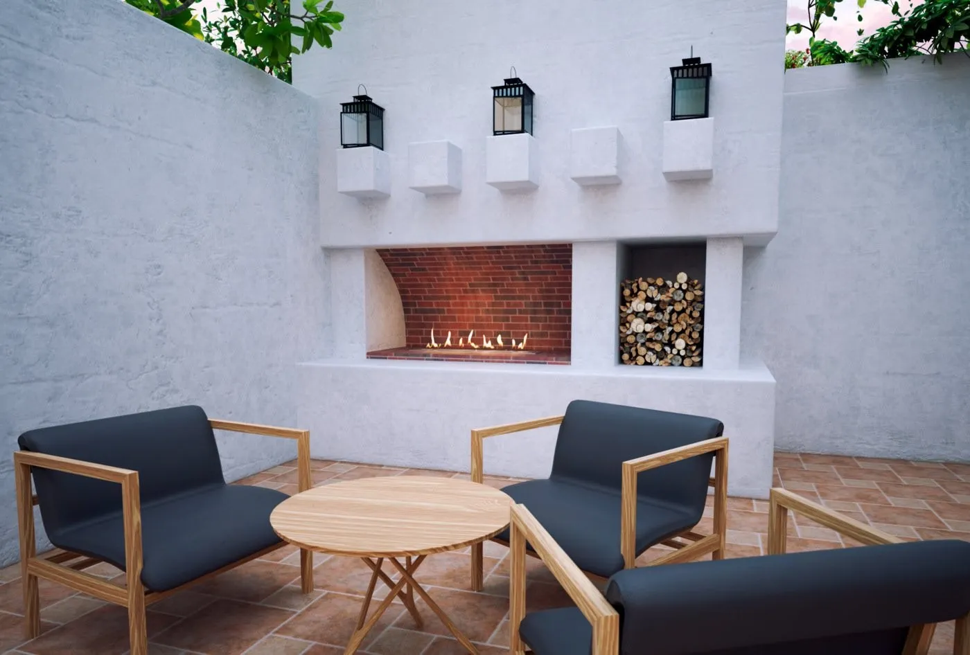 Outdoor bioethanol burner set into a white masonry wall in a courtyard