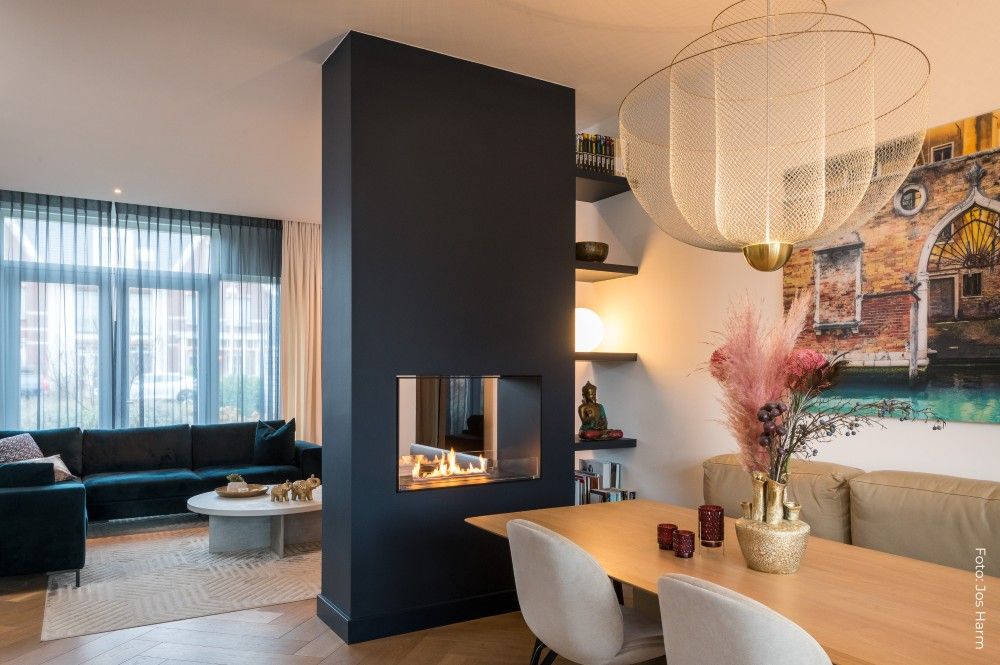 See-through fireplace in a dark column