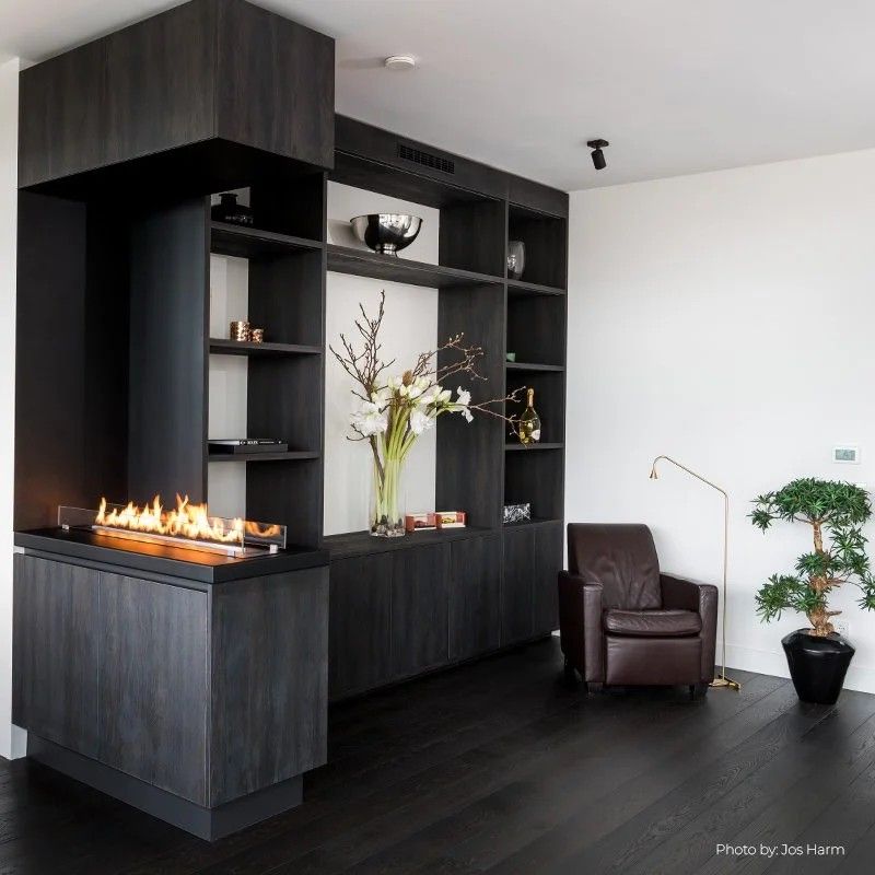 Fireplace set into shelving