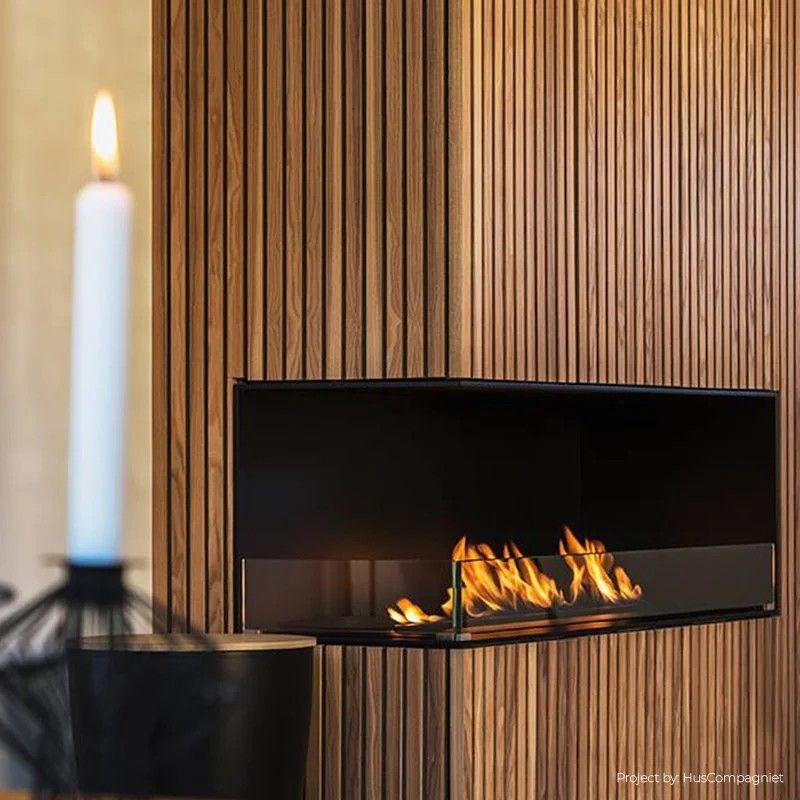 Corner fireplace in a wood slat wall